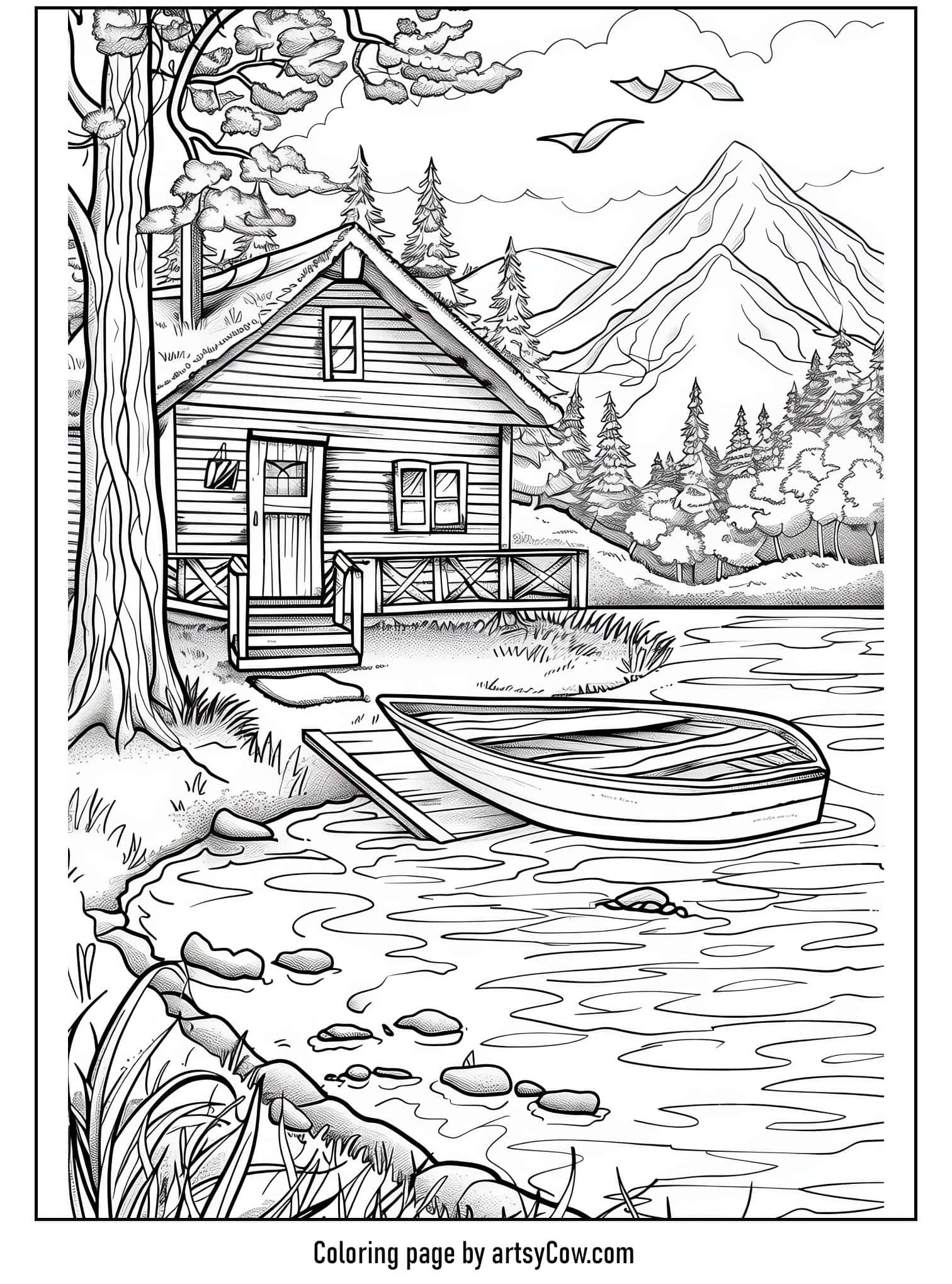 a detailed black and white drawing of a serene lakeside cabin surrounded by trees